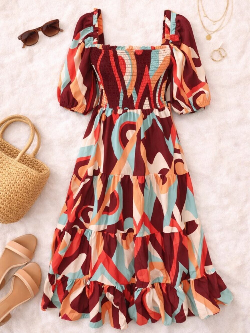 August Sky Smocked Boho Dress S Colorful Print Puff Sleeve Midi